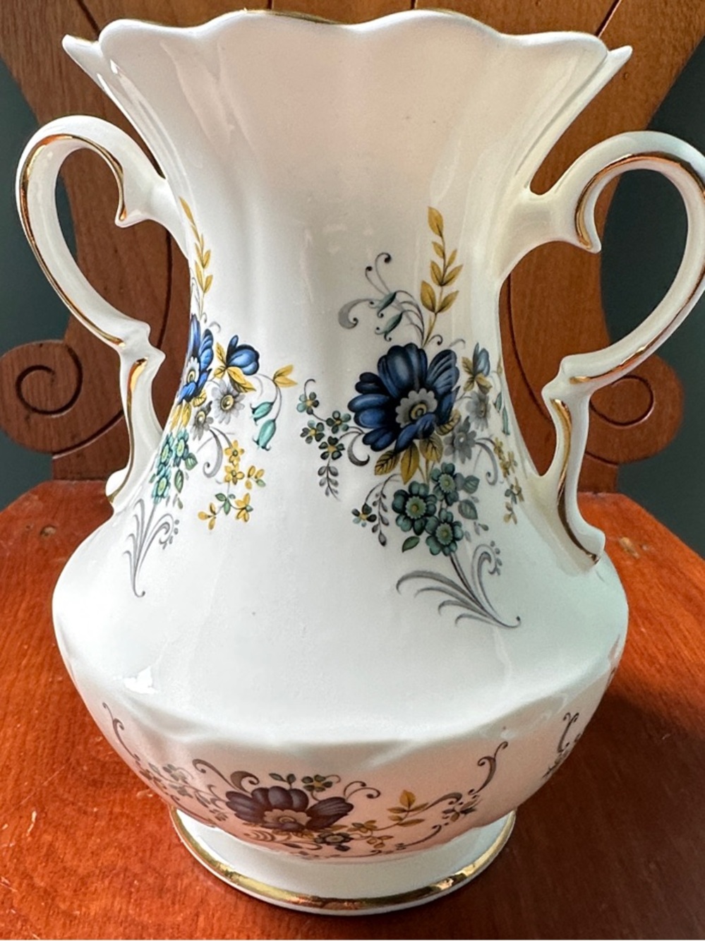 Vintage Royal Tara White Floral Double-Handled Porcelain Vase with Blue Flowers